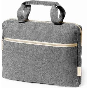 A grey fabric laptop bag with a zip closure and short handles, featuring a front pocket.