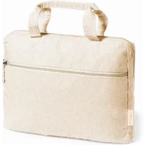 A cream-coloured laptop bag with two handles and a zippered front pocket. It has a simple, minimal design.