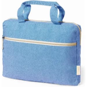 A blue laptop bag with handles and a zippered compartment, featuring a front pocket.