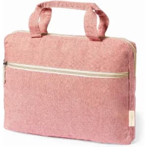 A pink, textured laptop bag with a top handle and front zip pocket. It features a simple, minimalist design.