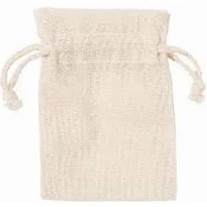 A drawstring pouch in cream colour, made from textured fabric, featuring two twisted cords for closure.
