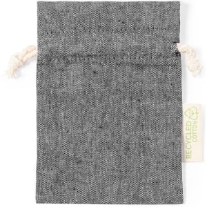 A grey recycled cotton drawstring bag with a natural cord closure and a tag on the side.