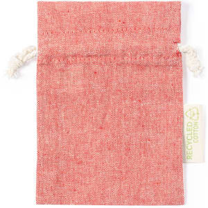 A red drawstring bag made from recycled cotton, closed at the top with a cord and featuring a small label.