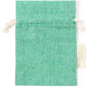 A green recycled cotton pouch with a drawstring closure, featuring a small tag.