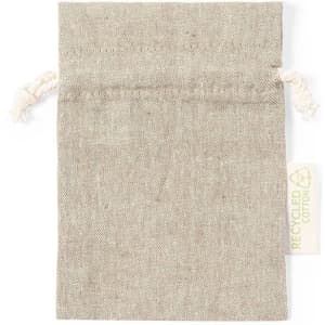 A small, natural-coloured pouch made of recycled cotton, featuring a drawstring closure and a tag.