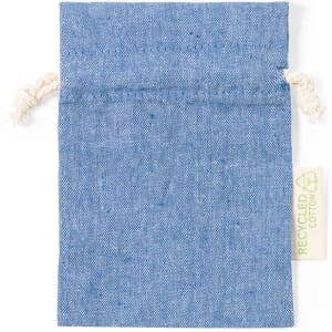 A small blue pouch made from recycled cotton with a drawstring closure. Features a tag indicating it's recycled material.