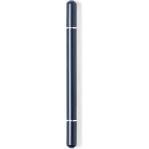 A drink bottle in navy blue featuring a sleek, cylindrical design with silver bands.