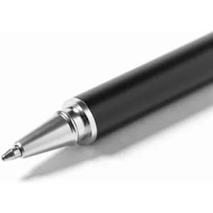 A black pen with a silver tip sits on a plain background, showcasing a sleek, modern design.