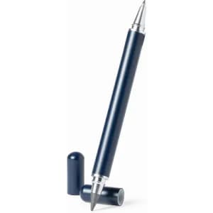 A navy blue pen with a silver accent, displayed upright with its cap beside it.