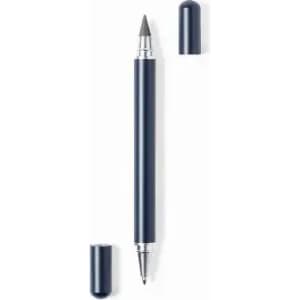 A drink bottle in navy blue with silver accents, featuring a logo and removable caps.