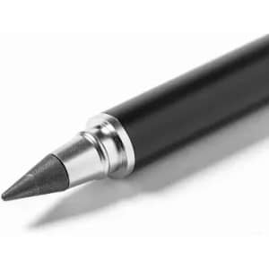 A black pen with a metallic silver tip and a sleek design. It has a smooth, pointed nib for precise writing.