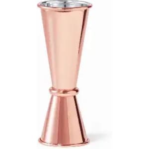 A copper cocktail jigger featuring a tapered design, with a shiny metallic finish and a central band.