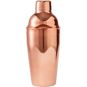 A drink bottle in a sleek, shiny copper finish with a tapered top and a logo.