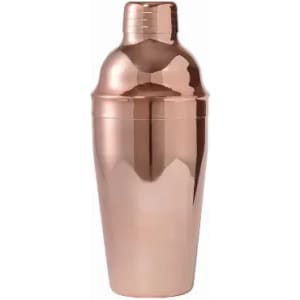 A drink bottle with a sleek rose gold finish and a twist-off lid, featuring a logo on the side.