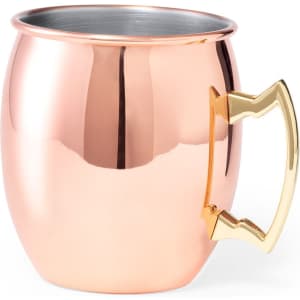 A drink bottle with a shiny copper finish and a gold handle, featuring a rounded design.