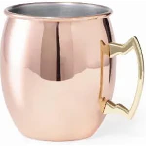 A drink bottle in a copper finish with a shiny gold handle and a rounded shape. It features a logo on the surface.
