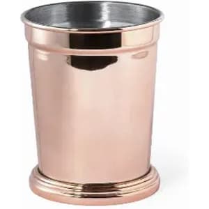 A drink bottle in a shiny rose gold finish with a smooth, rounded top and a sturdy base. Features a brand logo.