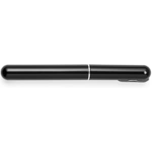 A black pen with a sleek design and a silver band, featuring a clip for attachment.