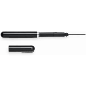 A sleek black retractable pen, featuring a cylindrical body and a removable cap. It includes a silver accent detail.