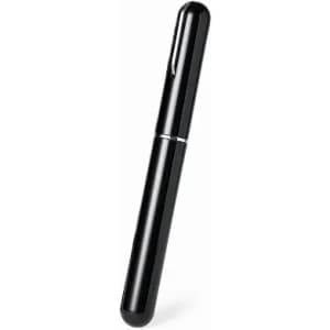 A black pen with a sleek, cylindrical design. The pen has a shiny finish and a silver band around the middle.