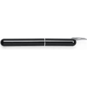 A black fountain pen with a silver trim and a sleek design, featuring an exposed nib.