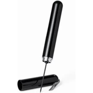 A black pen with a sleek design and removable cap, featuring a pointed writing tip.