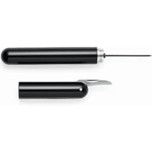 A black multi-tool featuring a retractable needle and a bottle opener, with a sleek design and silver accents.