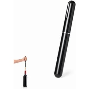 A sleek black wine bottle corkscrew with a rounded end, positioned beside a person uncorking a wine bottle.