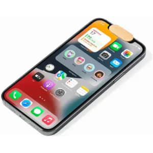 A smartphone displaying a home screen with various app icons and a logo at the top. The device has a sleek black design.