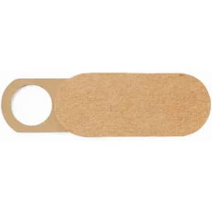 A cork bottle opener with a circular handle and an oval body, featuring a neutral brown colour. It has a logo printed on it.