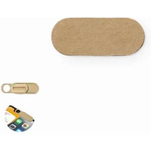 A set of two tan-coloured privacy covers for camera lenses, featuring a sliding mechanism and a logo.