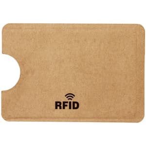 A RFID blocking card holder in a tan colour with a rounded corner and a logo on the front.