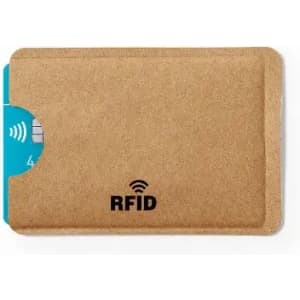 A cardholder made of beige material with a blue section, featuring an RFID logo and a smooth surface.