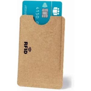 A cardholder in a natural brown colour, featuring a slot for a card and an RFID logo.