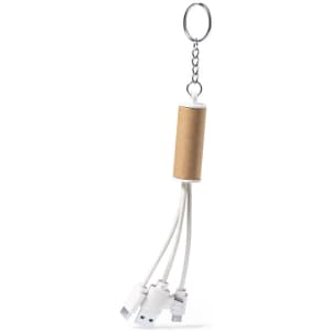 A keychain with a cylindrical holder and three white charging cables attached. The holder is made of cardboard.
