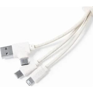 A charging cable with a USB connector and two different tips in white, featuring a textured design.