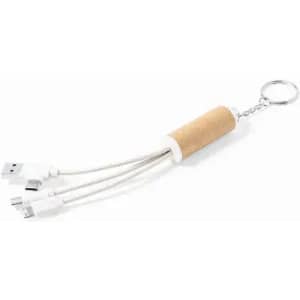 A charging cable keychain with a cork handle and three connectors: USB, micro USB, and lightning.