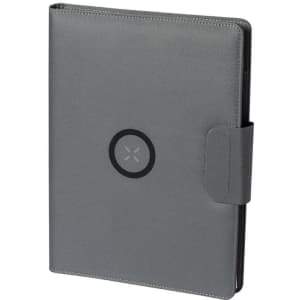 A grey folder with a sleek design featuring a circular logo on the front and a secure closure.