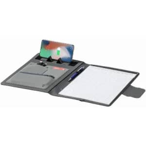 A portfolio folder in black with a phone holder, document section, and pen included. Features a logo design.