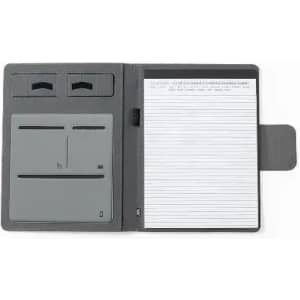 A grey organiser folder with two card slots, a pen holder, and a pad of lined paper inside. It features a logo.
