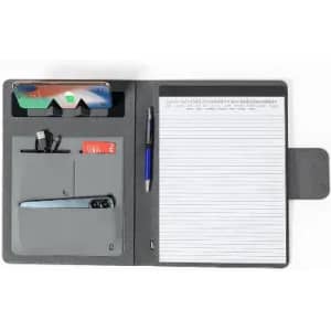 A grey portfolio with a notepad, slots for cards, a pen, and a few small stationery items.