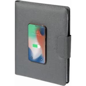 A grey folder with a magnetic closure featuring a smartphone charging through a cut-out display.