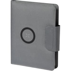 A grey folder with a smooth texture, featuring a circular logo on the front and a secure clasp closure.