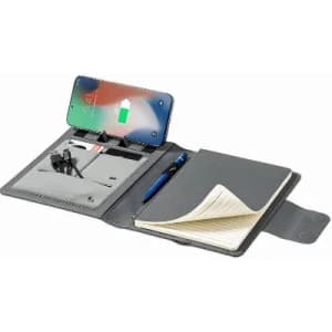 A grey portfolio featuring a smartphone holder, notebook, pen, and compartment for cables and cards.