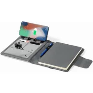 A grey portfolio with a notepad, a pen, and pockets for a phone and accessories. It features branding.