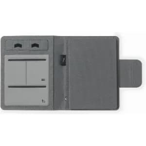 A grey wallet with card slots and a zipped compartment, featuring a simple, sleek design. It has a logo on the front.