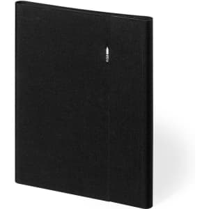 A black folder with a minimalist design and a small logo on the front.