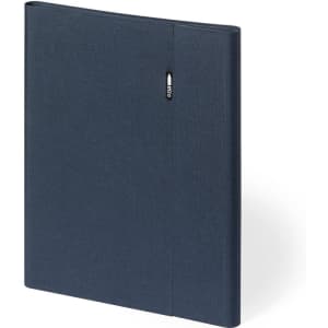 A blue presentation folder with a sleek design featuring a pen loop and a branding logo.