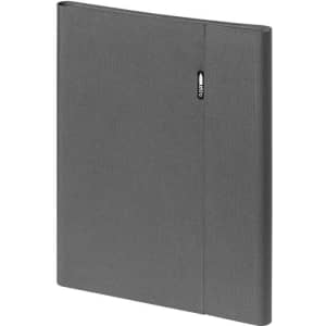 A grey presentation folder with a textured finish and a small logo on the spine.