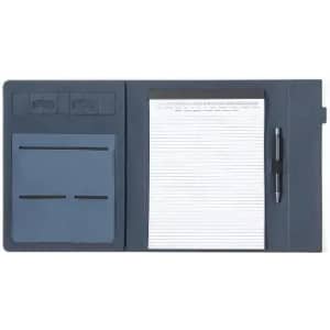 A notebook folder with a pen, lined paper, and slots for cards in navy blue. It has a sleek, professional design.